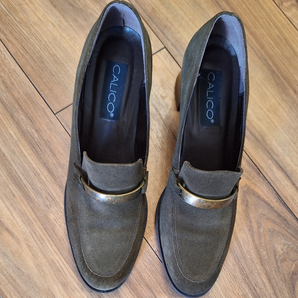 Calico Dark Olive suede heels